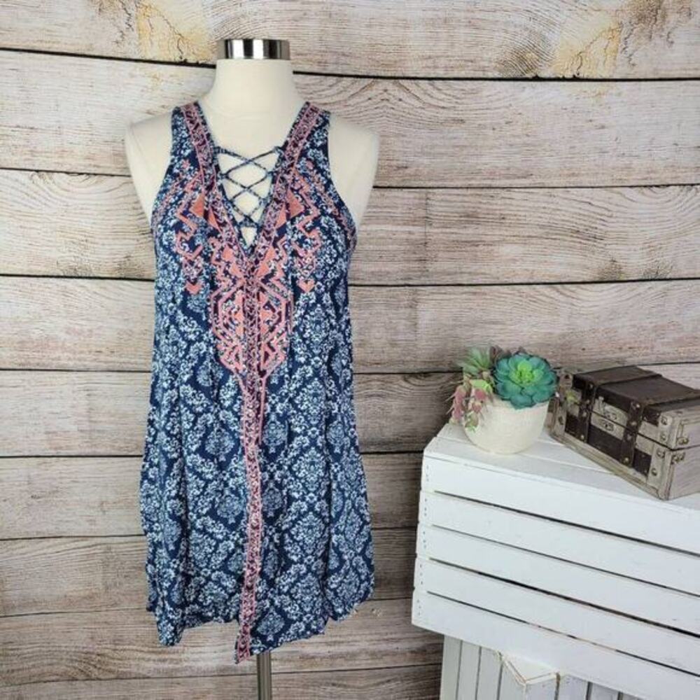 5/$25 Flying‎ Tomato Women Shift Dress Sleeveless Embroidered Lace Up Size Small